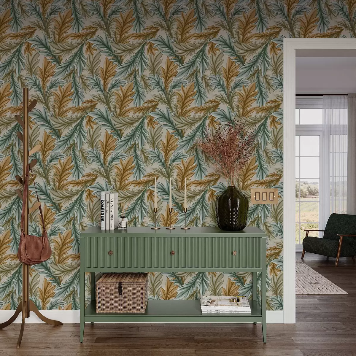 Pozadina Dekorativno lišće u toploj oker i zelenoj paleti a00673