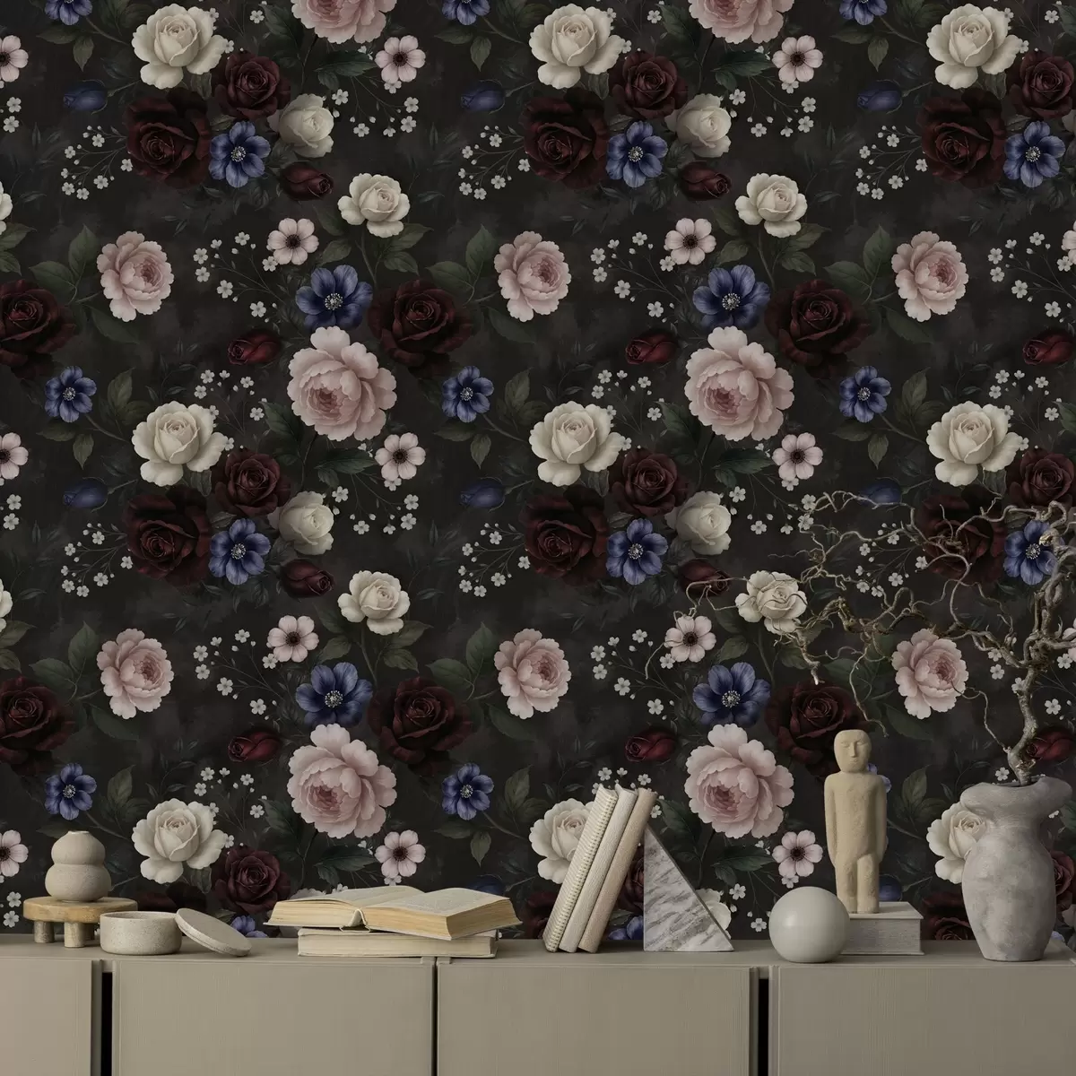 Pozadina Tamne ruže, anemone i božuri na tamnoj pozadini a00704