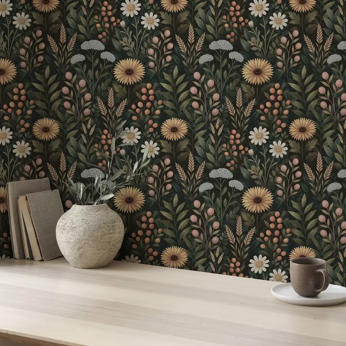 Pozadina Divlje cvijeće i bobice na tamnoj pozadini, prirodni ukras a00707