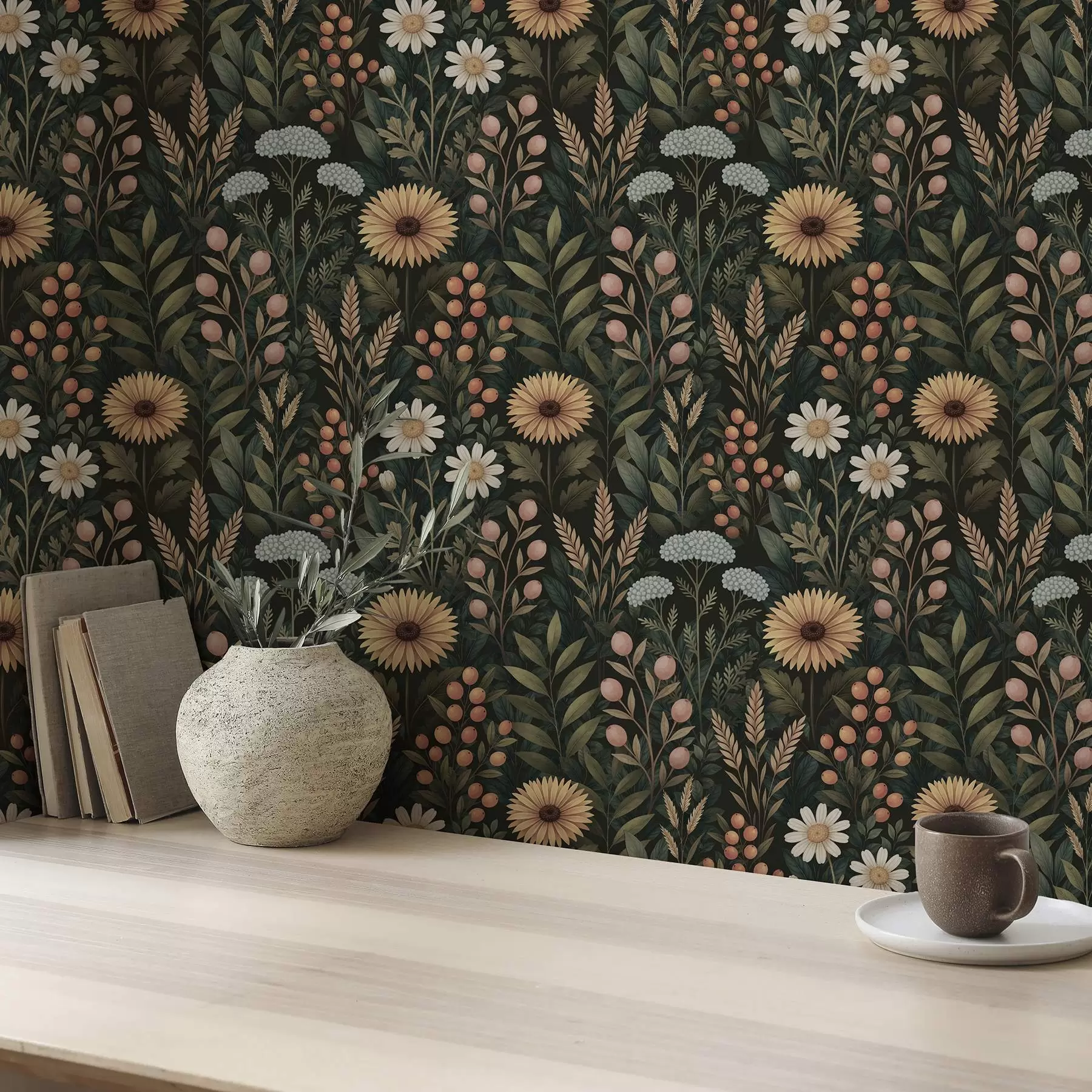 zidne murale Divlje cvijeće i bobice na tamnoj pozadini, prirodni ukras a00707