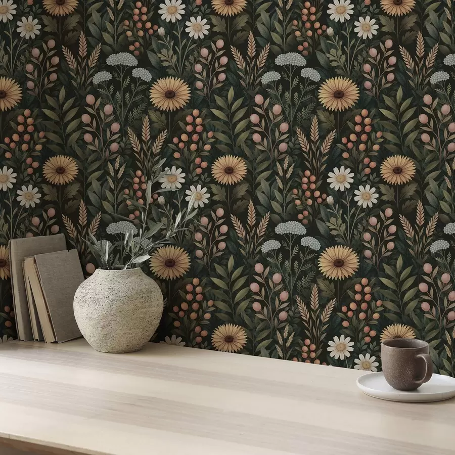 zidne murale Divlje cvijeće i bobice na tamnoj pozadini, prirodni ukras a00707