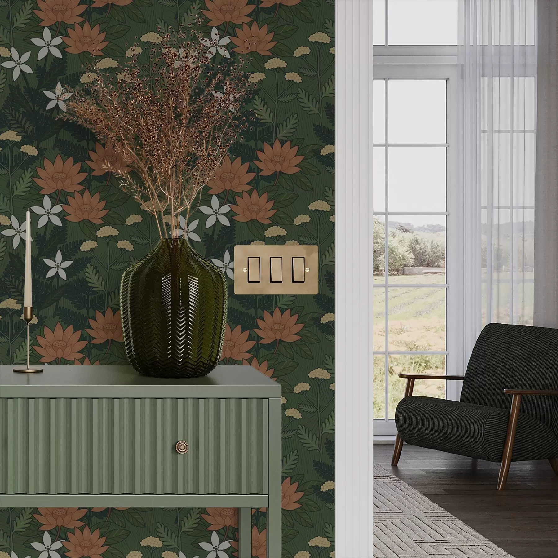 zidne murale Veliko cvijeće među zelenim lišćem, dekorativna kompozicija a00708