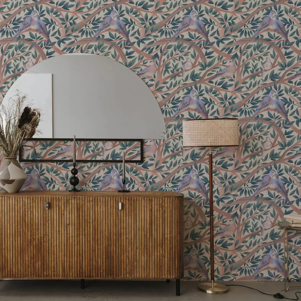 Pozadina Golubice među granama i lišćem u mekoj pastelnoj paleti a00796