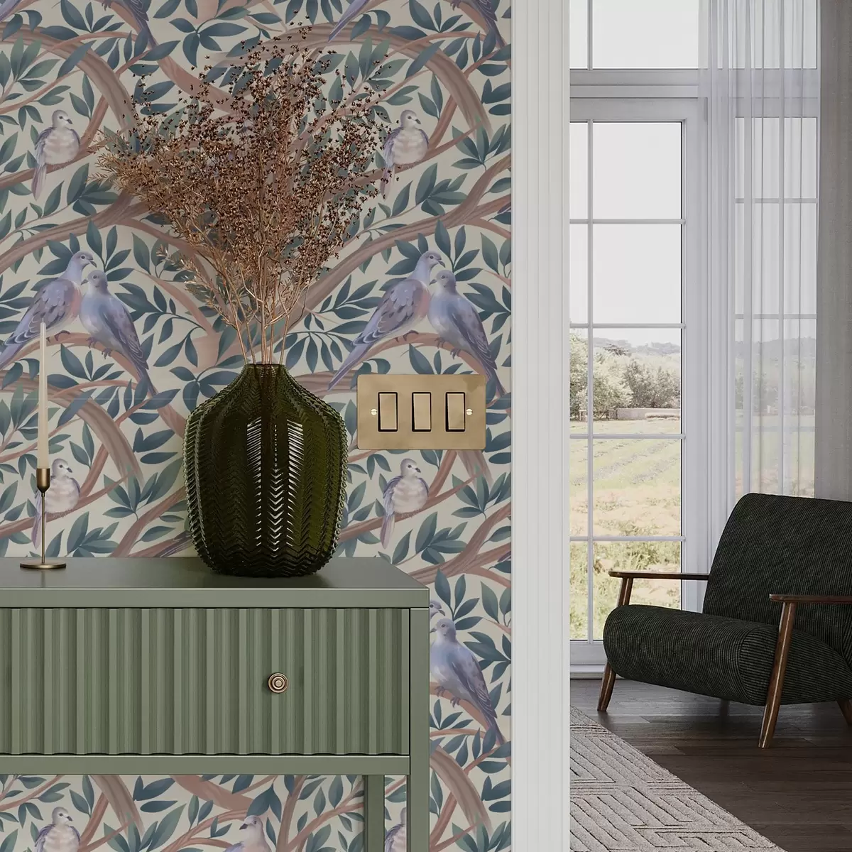 Pozadina Golubice među granama i lišćem u mekoj pastelnoj paleti a00796