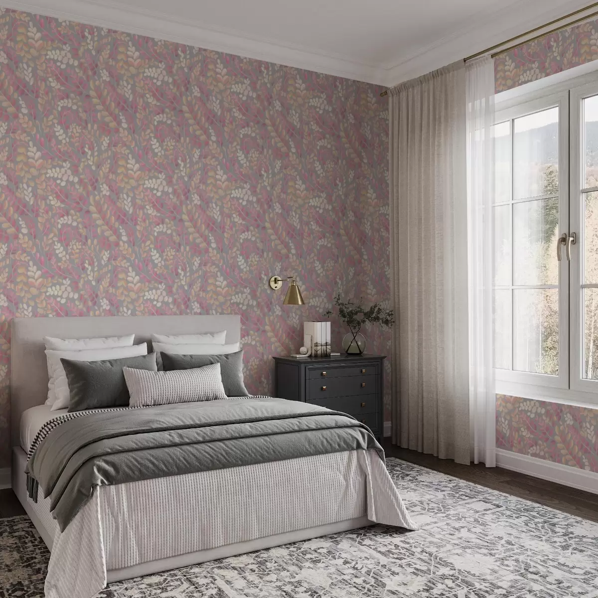 Pozadina Pastelne grane s ružičasto-breskvastim lišćem na sivoj pozadini a00799v1