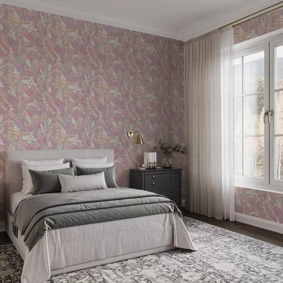 zidne murale Pastelne grane s ružičasto-breskvastim lišćem na sivoj pozadini a00799v1