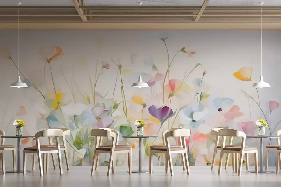 zidne murale Apstraktno polje šarenog cvijeća s dugim stabljikama i zelenim lišćem, teksturirano, pastelno, svijetlo w09466