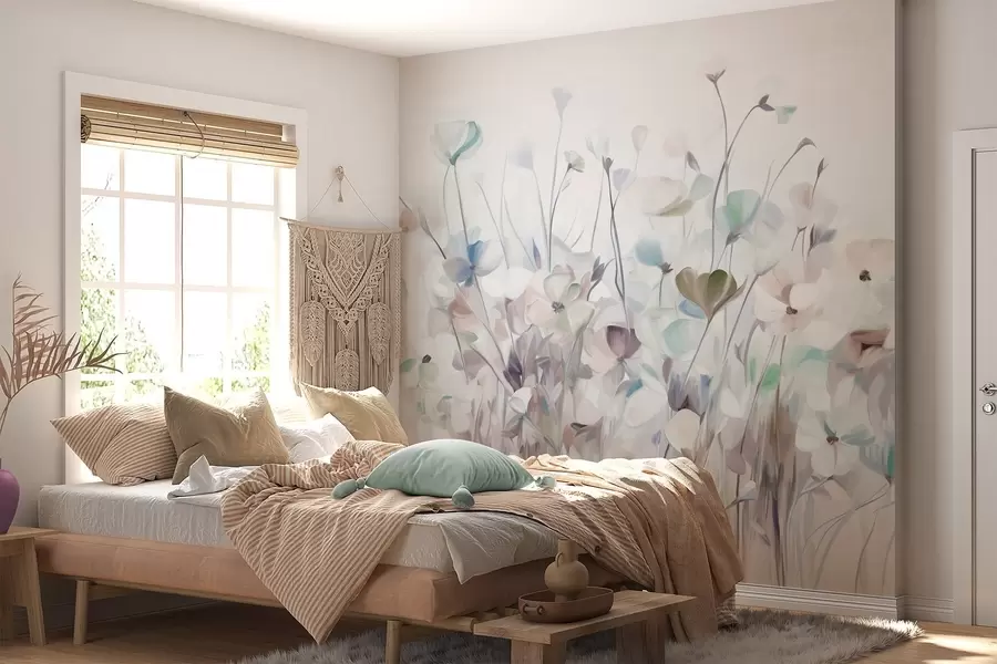 zidne murale Apstraktno polje plavog i smeđeg cvijeća s dugim stabljikama i listovima, teksturirane, pastelne, prigušene boje w09466v1