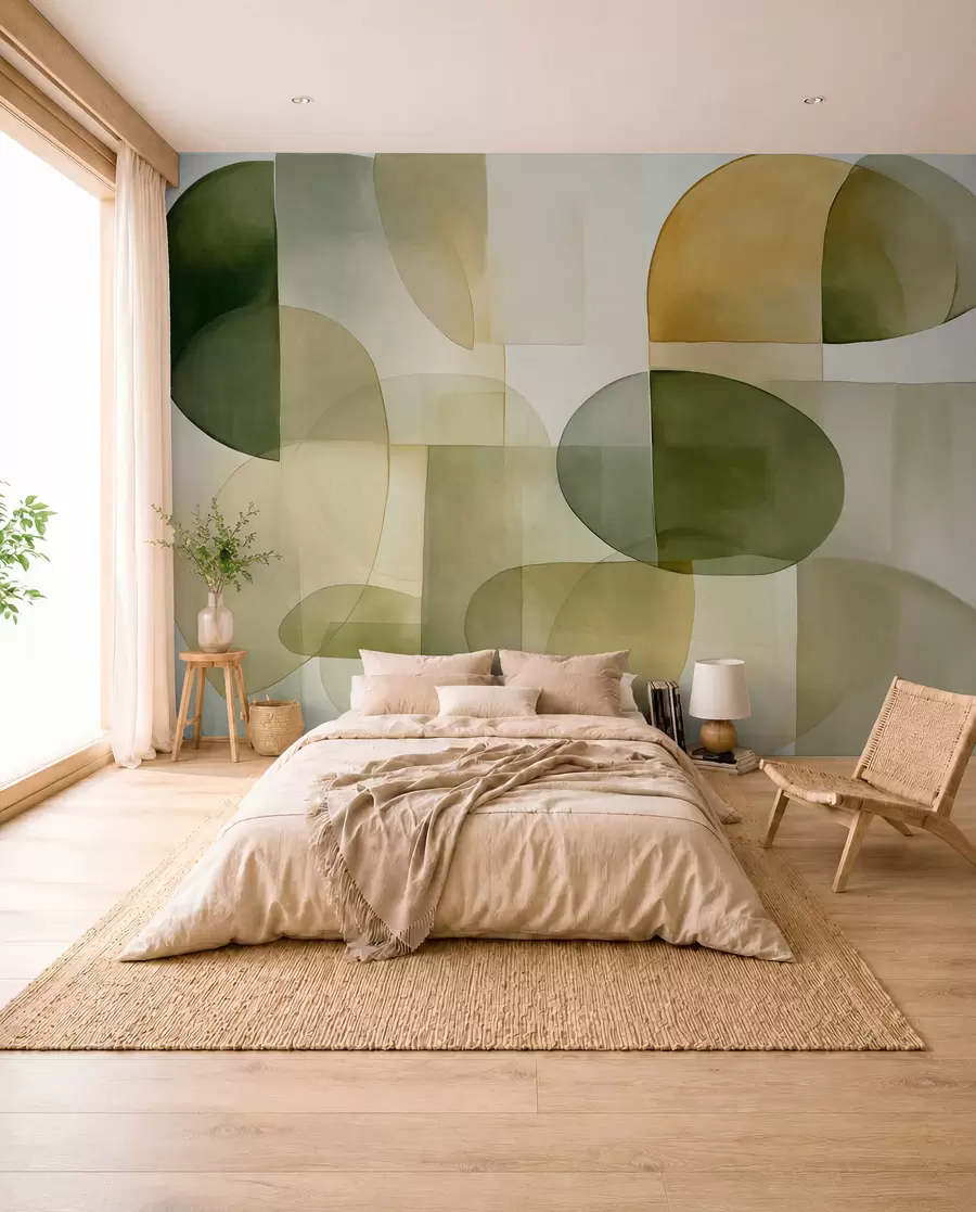 zidne murale Apstraktni teksturirani oblici u nijansama zelene i žute, prigušeni tonovi, minimalistička kompozicija, neutralna pozadina w09467