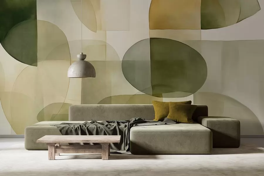 zidne murale Apstraktni teksturirani oblici u nijansama zelene i žute, prigušeni tonovi, minimalistička kompozicija, neutralna pozadina w09467