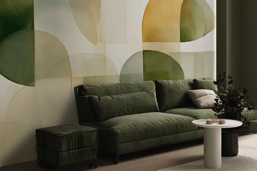 zidne murale Apstraktni teksturirani oblici u nijansama zelene i žute, prigušeni tonovi, minimalistička kompozicija, neutralna pozadina w09467