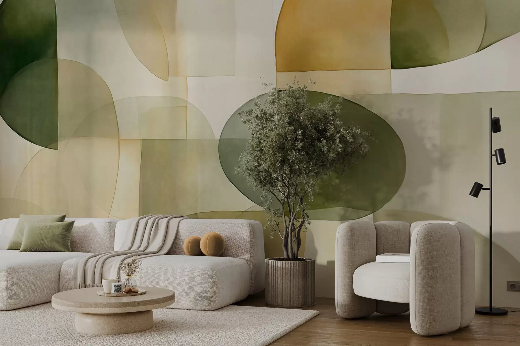 zidne murale Apstraktni teksturirani oblici u nijansama zelene i žute, prigušeni tonovi, minimalistička kompozicija, neutralna pozadina w09467