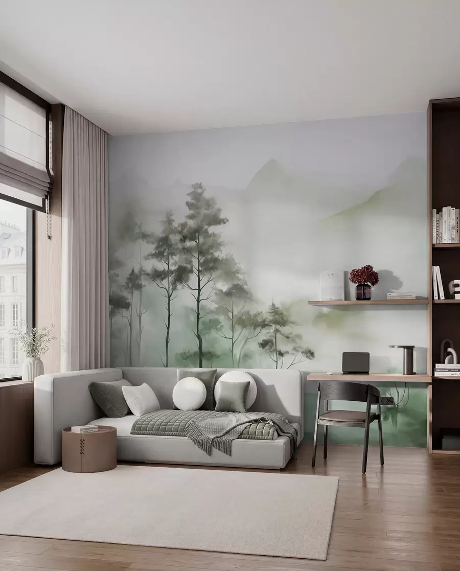 zidne murale Magloviti krajolik s visokim drvećem i planinama prigušenih zelenih i sivih tonova, minimalistički stil, teksturiran w09469