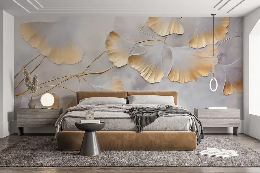 zidne murale Listovi ginka bilobe sa žutim rubovima na grani, siva teksturirana pozadina, elegantan i minimalistički dizajn w09472