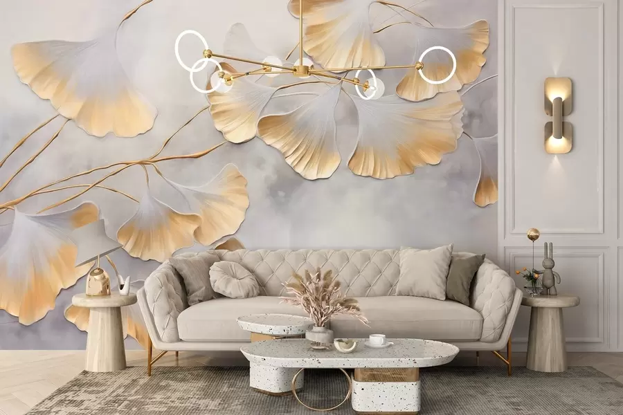 zidne murale Listovi ginka bilobe sa žutim rubovima na grani, siva teksturirana pozadina, elegantan i minimalistički dizajn w09472