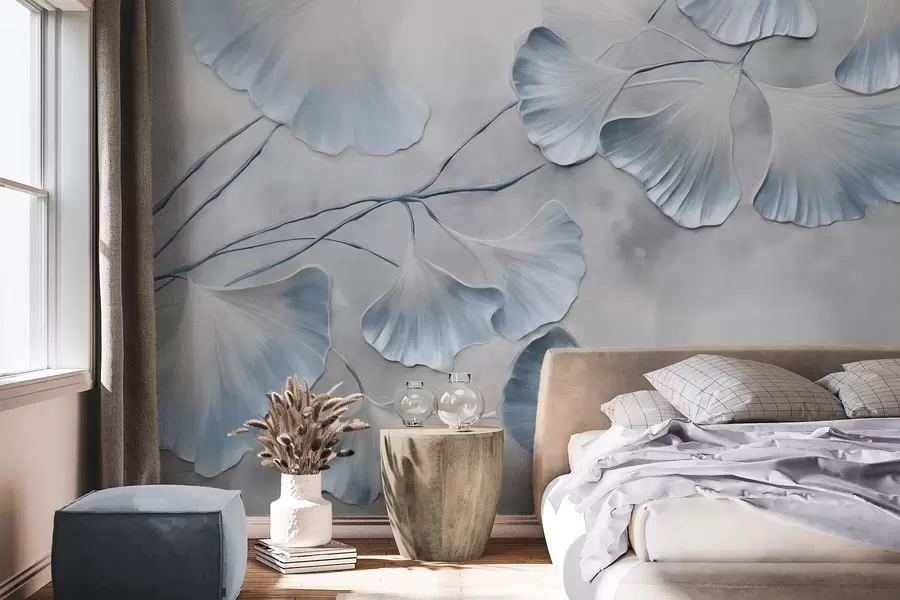 zidne murale Listovi ginka bilobe s plavim rubovima na grani, siva teksturirana pozadina, elegantan i minimalistički dizajn w09472v1