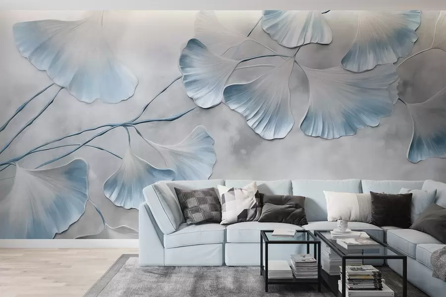 zidne murale Listovi ginka bilobe s plavim rubovima na grani, siva teksturirana pozadina, elegantan i minimalistički dizajn w09472v1