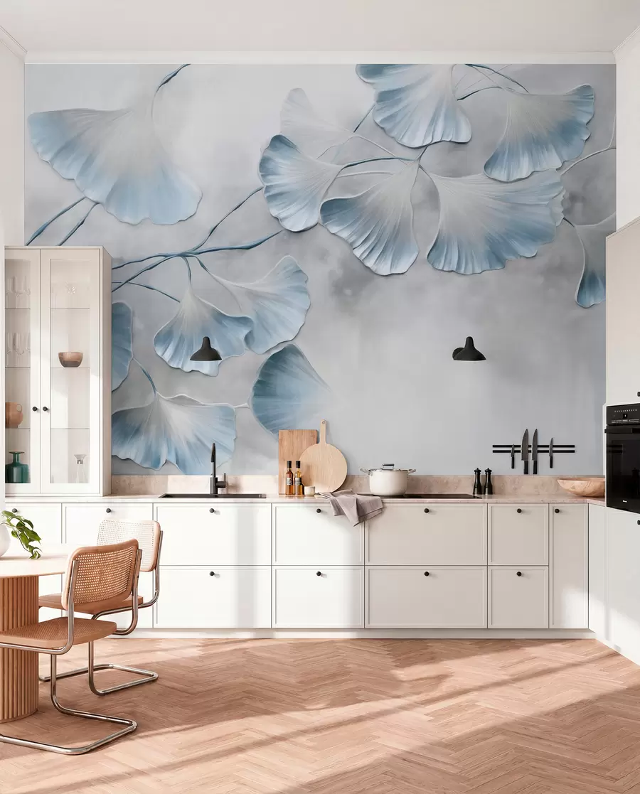 zidne murale Listovi ginka bilobe s plavim rubovima na grani, siva teksturirana pozadina, elegantan i minimalistički dizajn w09472v1
