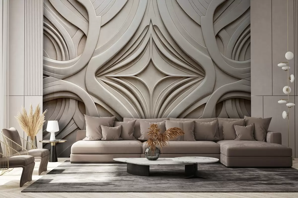 zidne murale Apstraktni simetrični teksturirani geometrijski print, svijetlo bež boja, art deco stil, zamršeni detalji w09473