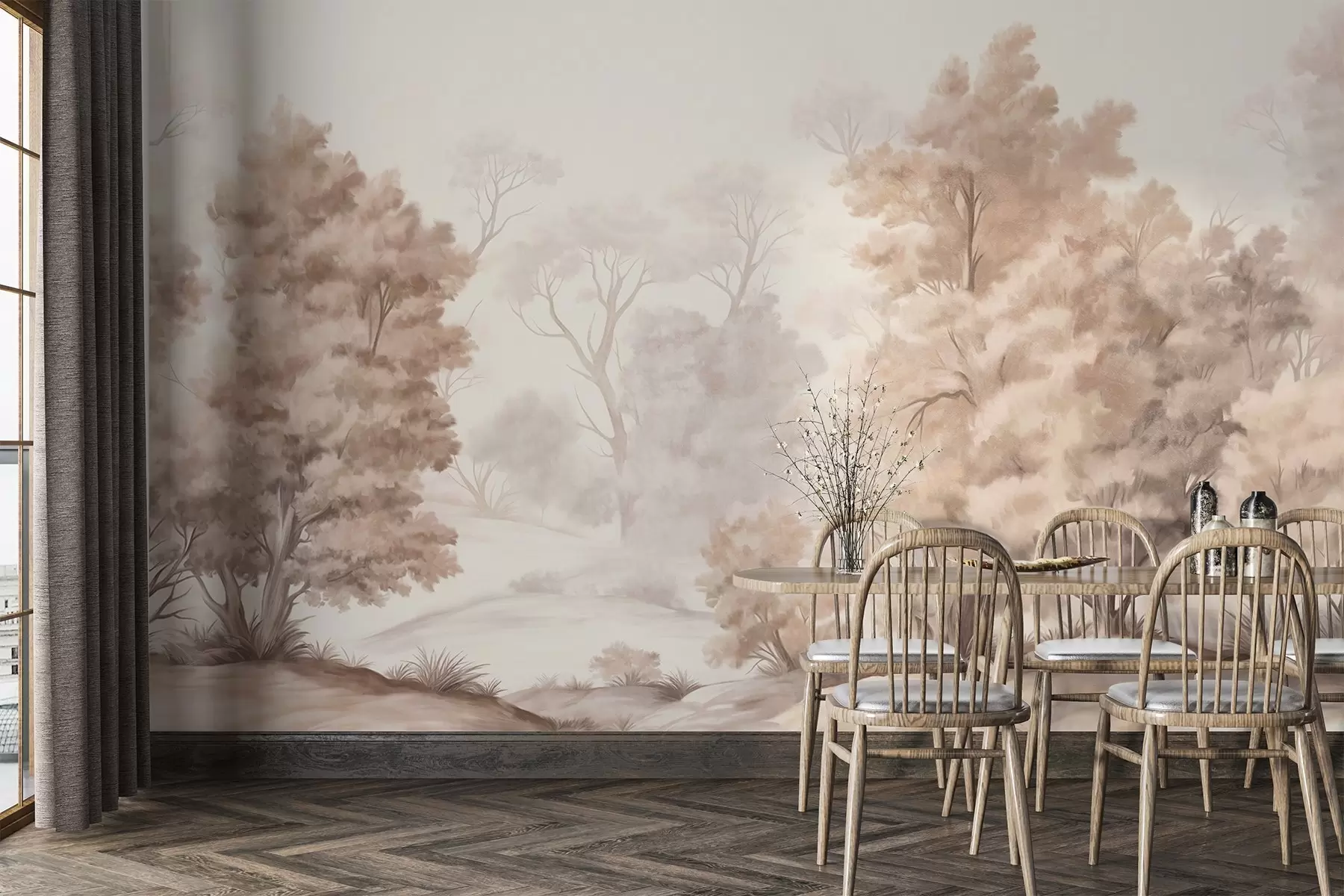 zidne murale Teksturirana pejzažna slika imitacije šume s visokim drvećem i travom, prigušene i meke boje, smirujući prizor w09474