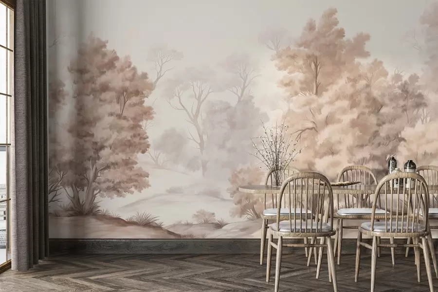 zidne murale Teksturirana pejzažna slika imitacije šume s visokim drvećem i travom, prigušene i meke boje, smirujući prizor w09474