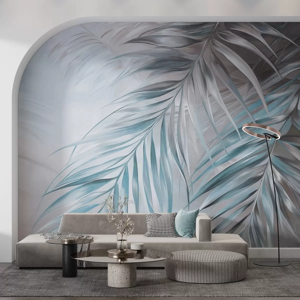 zidne murale Palmino lišće sa sivim i plavim tonovima, svijetla teksturirana pozadina s mekim bojama, elegantan tropski stil w09475v1