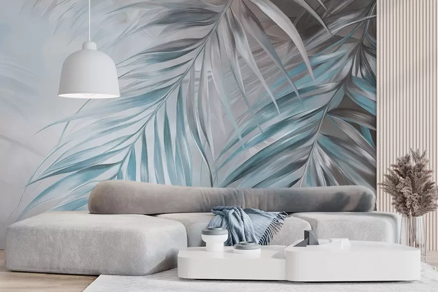 zidne murale Palmino lišće sa sivim i plavim tonovima, svijetla teksturirana pozadina s mekim bojama, elegantan tropski stil w09475v1