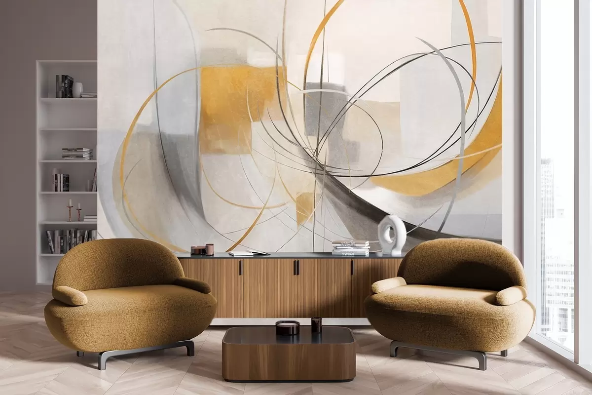 zidne murale Apstraktni teksturirani moderni stil slikanja sa zakrivljenim linijama i geometrijskim oblicima u nijansama sive, bijele i narančaste w09476