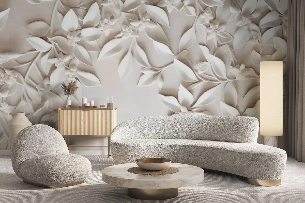 zidne murale Bijelo teksturirano cvijeće i lišće, cvjetni aranžman, elegantan dizajn, minimalistički stil, dekorativna umjetnost w09479
