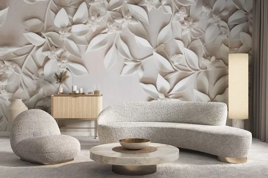 zidne murale Bijelo teksturirano cvijeće i lišće, cvjetni aranžman, elegantan dizajn, minimalistički stil, dekorativna umjetnost w09479