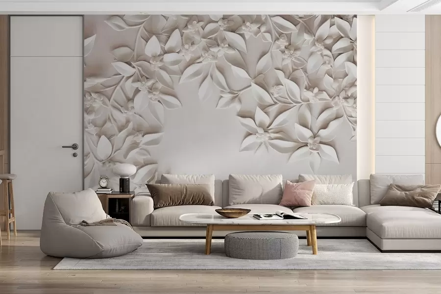 zidne murale Bijelo teksturirano cvijeće i lišće, cvjetni aranžman, elegantan dizajn, minimalistički stil, dekorativna umjetnost w09479