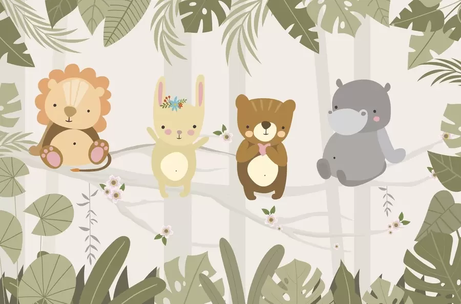 zidne murale Slatki lav, zeko, medvjed i nilski konj među lišćem w04682