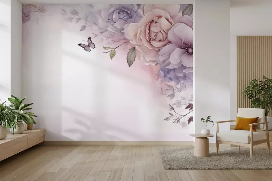 zidne murale Nježno ružičasto i lila cvijeće s leptirom w04711