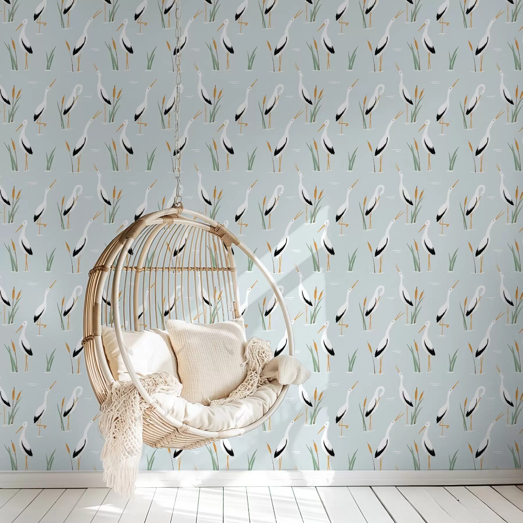 zidne murale Čaplje među trskom na mekoj plavoj pozadini a00650v1