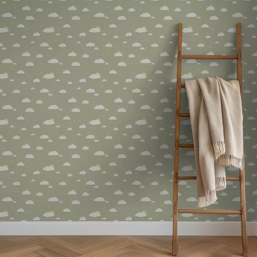 zidne murale Meki oblaci, zvijezde i sunce na zelenkastosivoj pozadini a00652v1