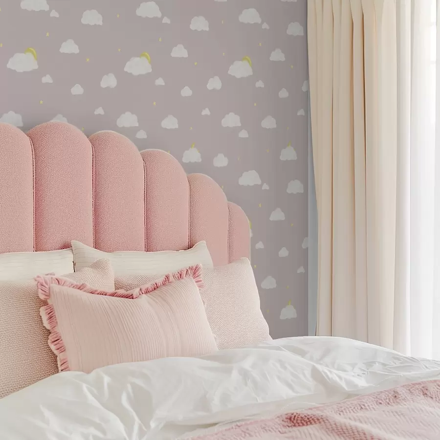 zidne murale Meki oblaci, zvijezde i sunce na ružičasto sivoj pozadini a00652v2