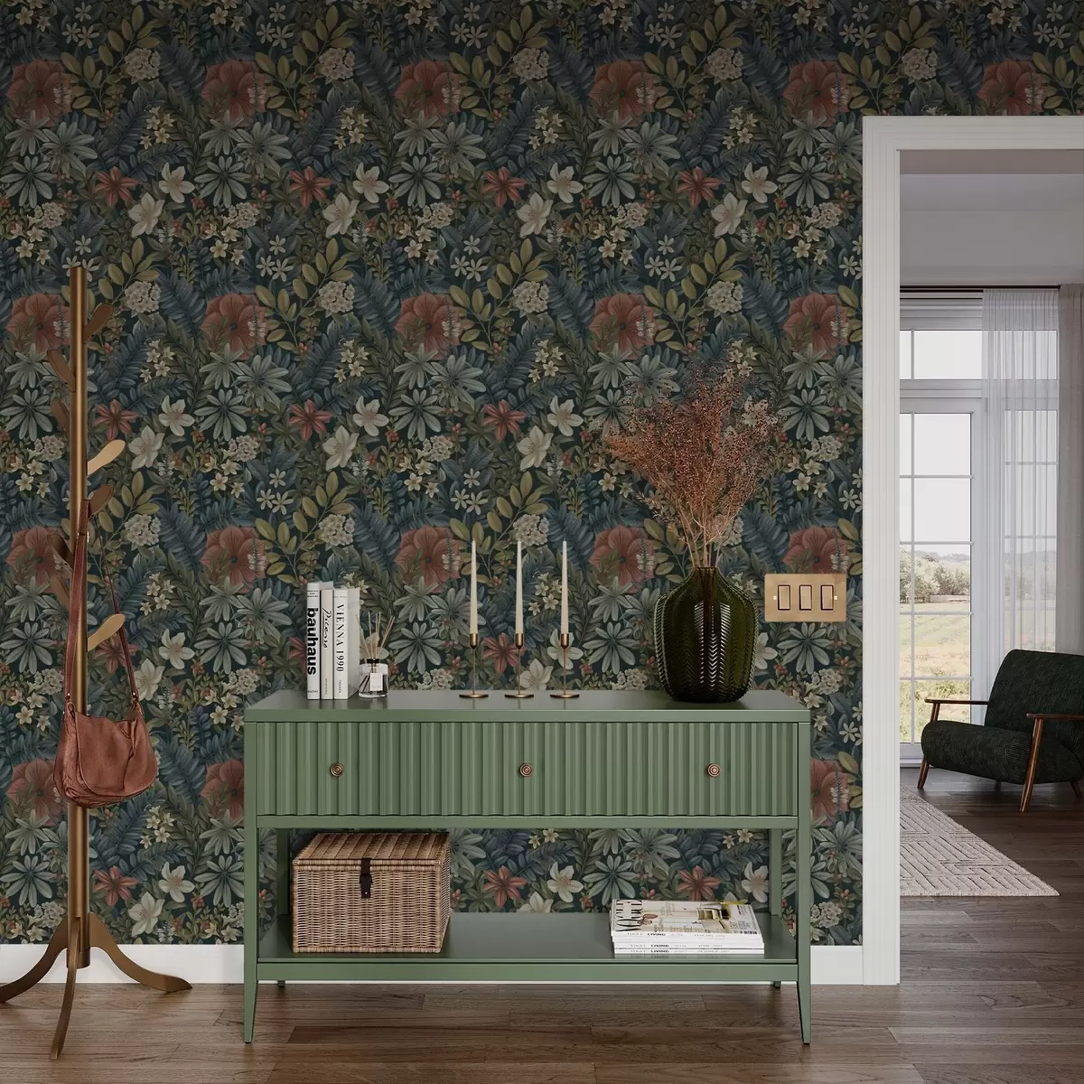 Pozadina Tamna pozadina s gustim cvijećem i lišćem u toplim tonovima a00678