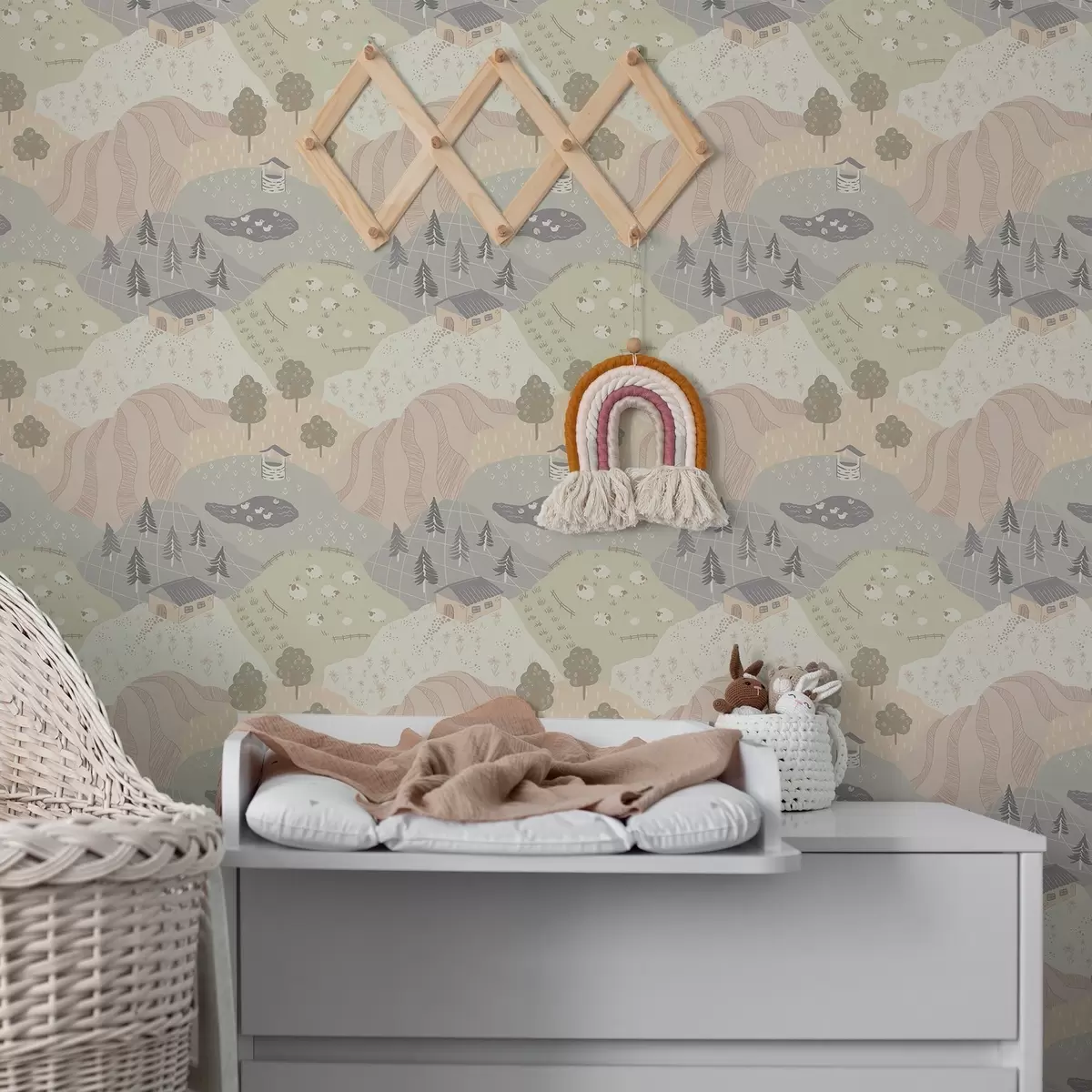 Pozadina Bajkoviti krajolik s drvećem, guskama i ovcama a00728