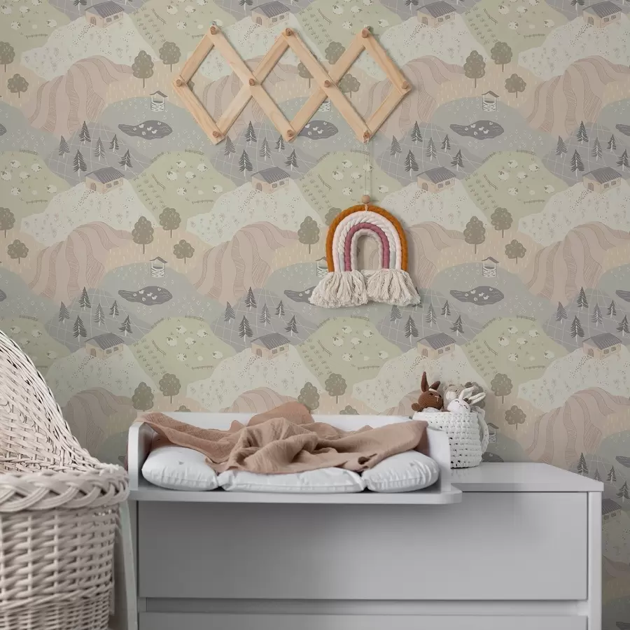 zidne murale Bajkoviti krajolik s drvećem, guskama i ovcama a00728