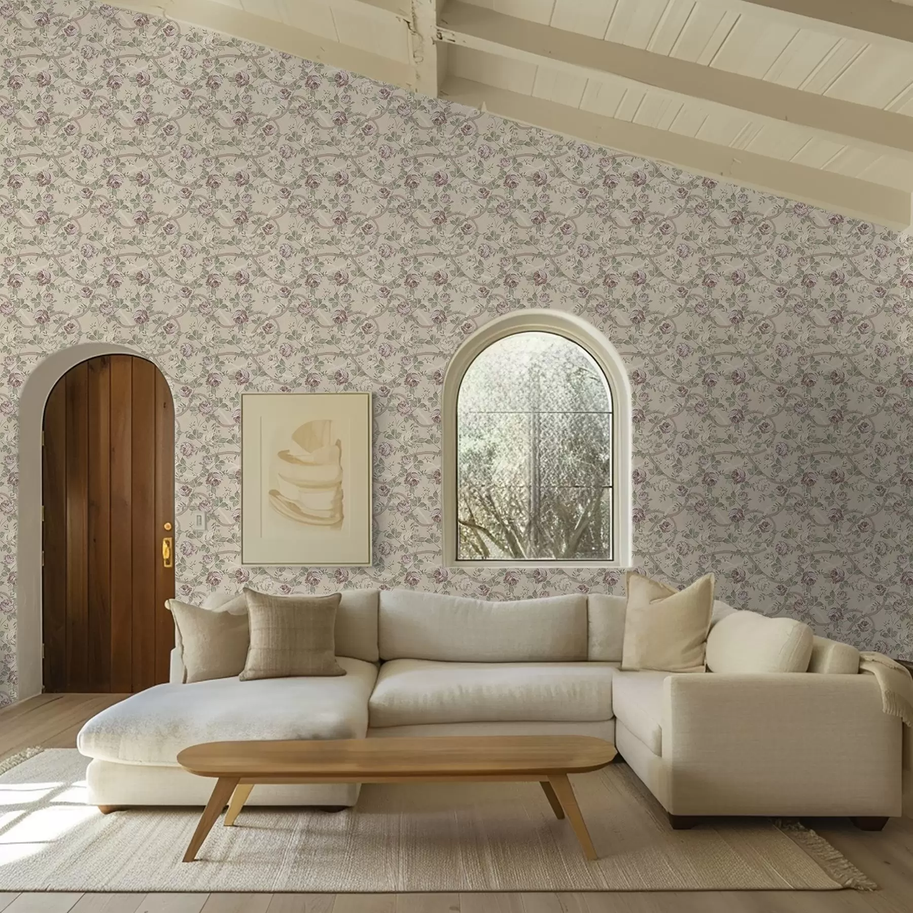 zidne murale Ruže sa zelenim lišćem na toploj bež podlozi a00729