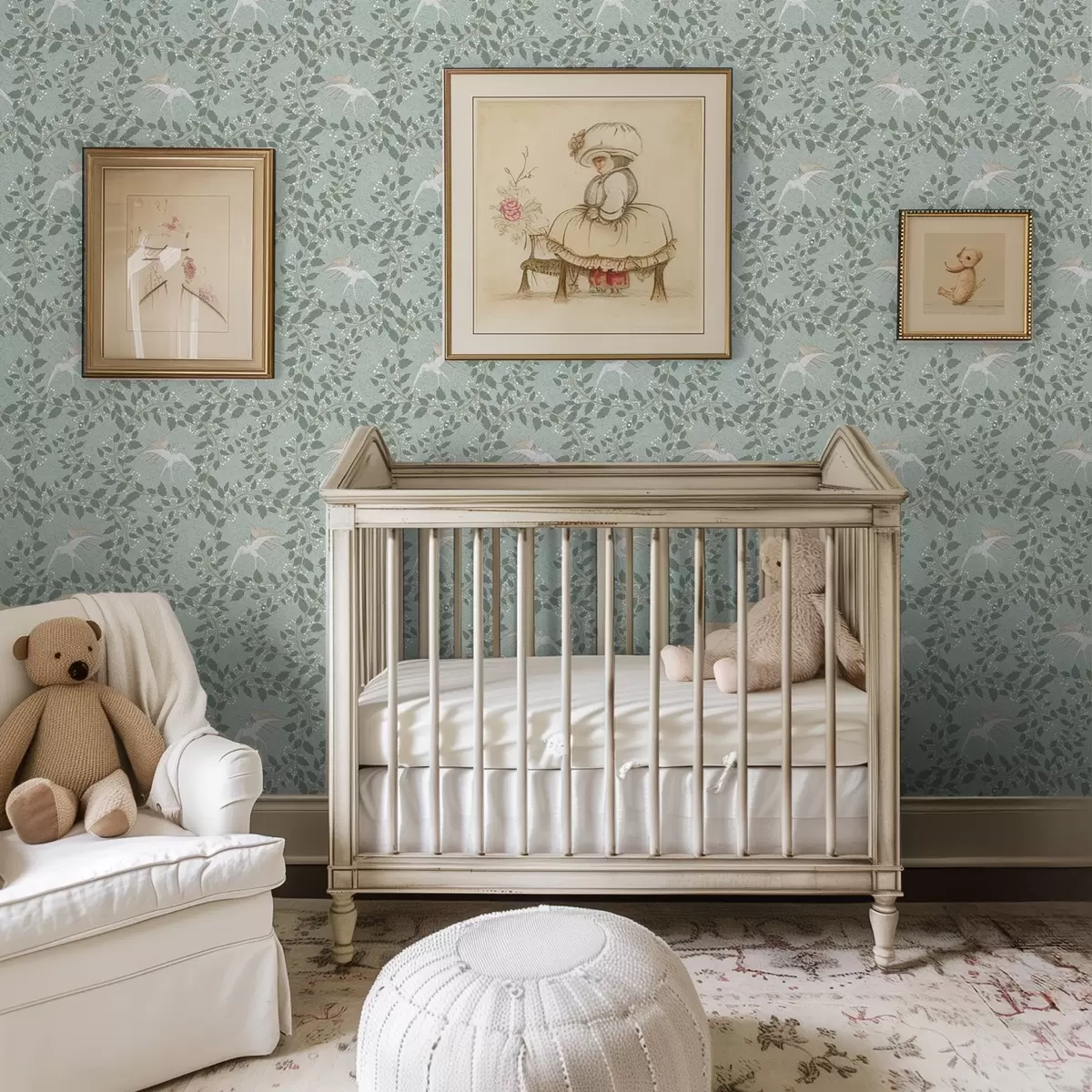 Pozadina Grane s bijelim bobicama i pticama na zelenoj pozadini a00731