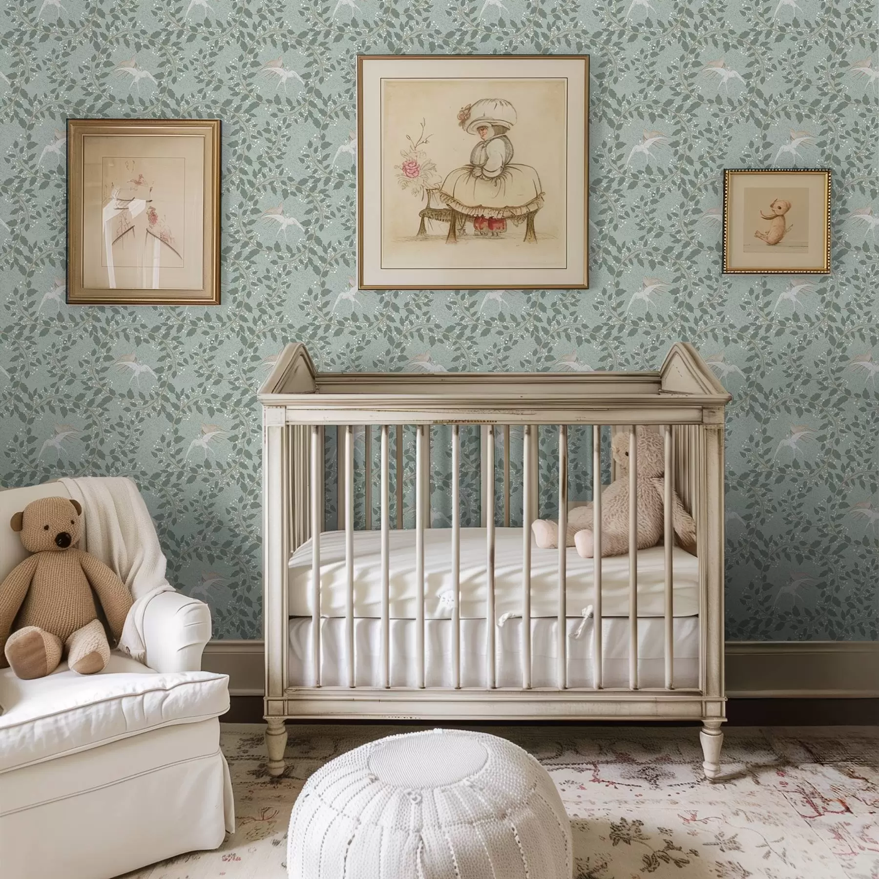 zidne murale Grane s bijelim bobicama i pticama na zelenoj pozadini a00731