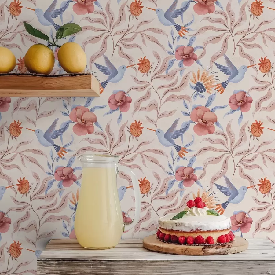 zidne murale Kolibrići među velikim cvijećem u ružičastim i plavim tonovima a00733