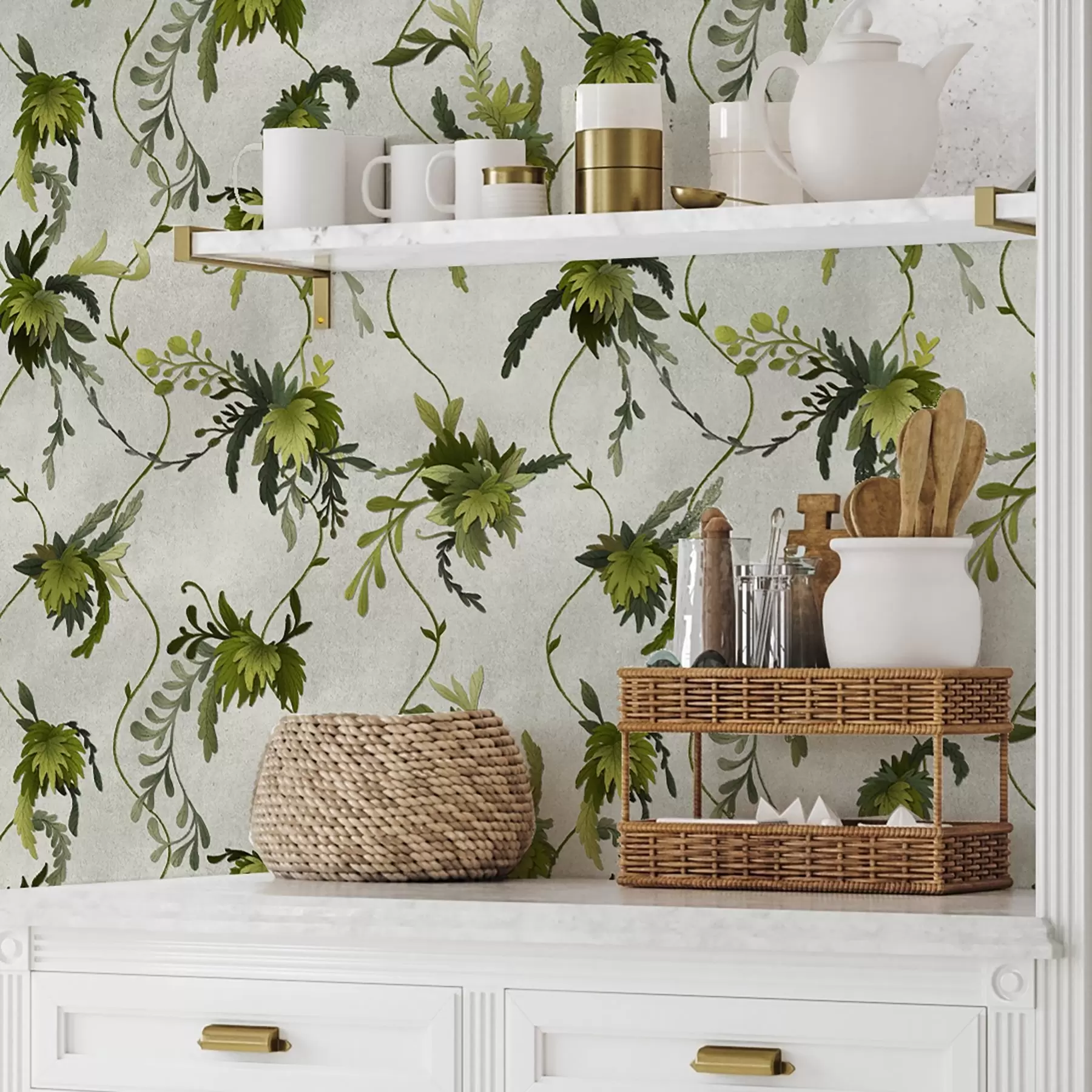 zidne murale Penjajuće grane s lišćem na svijetloj pozadini a00806