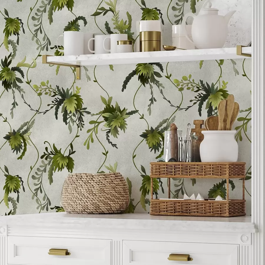 zidne murale Penjajuće grane s lišćem na svijetloj pozadini a00806