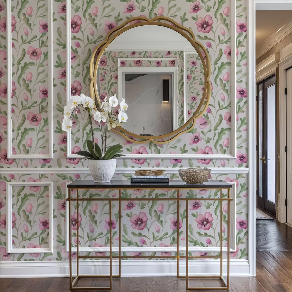 Pozadina Nježni ružičasti makovi s lišćem u tehnici akvarela a00830