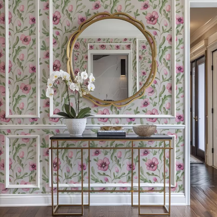 zidne murale Nježni ružičasti makovi s lišćem u tehnici akvarela a00830