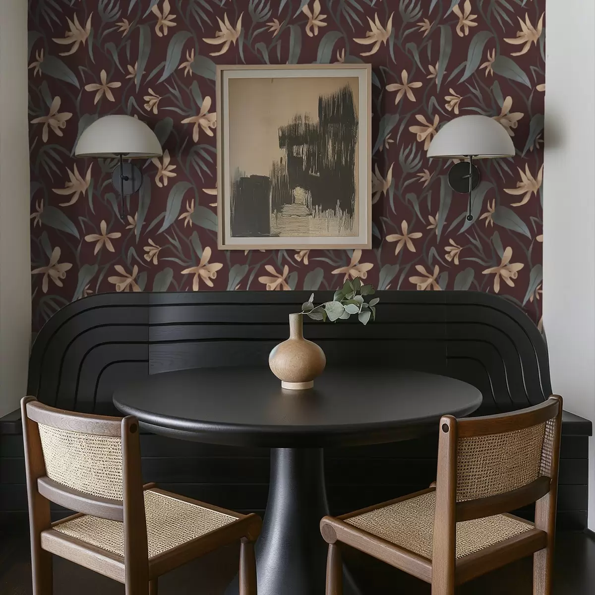 Pozadina Kremasti cvjetovi sa sivim lišćem na bordo pozadini a00833