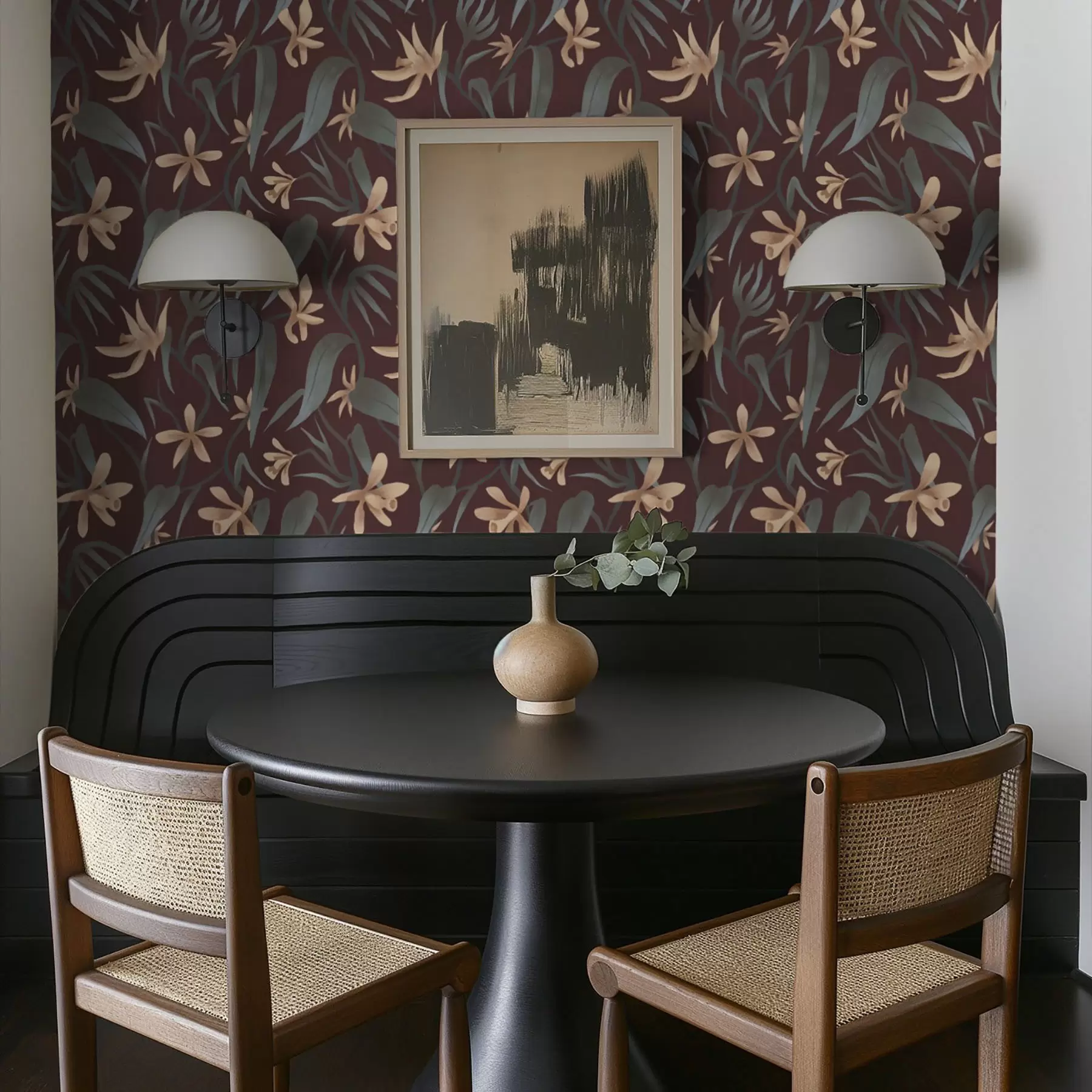 zidne murale Kremasti cvjetovi sa sivim lišćem na bordo pozadini a00833