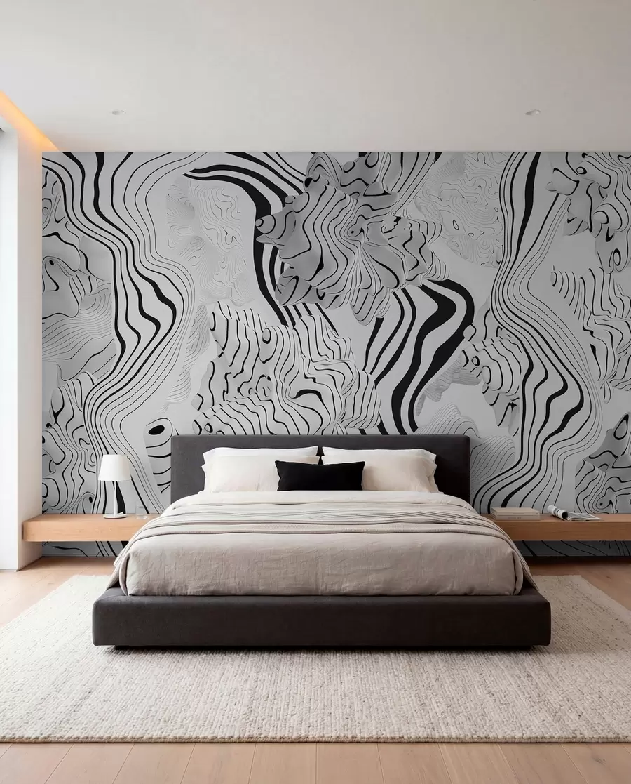 zidne murale apstraktni organski oblici u 3D stilu u bijelim i sivim tonovima s crnim prugama w04627